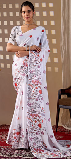 White and Off White color Saree in Satin Silk fabric with Printed work