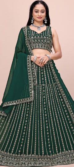 Green color Lehenga in Faux Georgette fabric with Embroidered, Sequence, Zari work