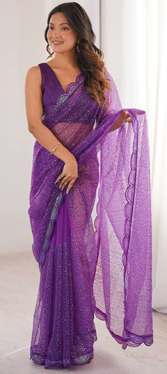 Purple and Violet color Saree in Net fabric with Embroidered, Sequence, Thread work