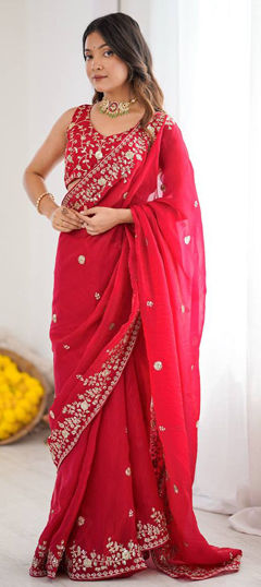 Red and Maroon color Saree in Tissue fabric with Embroidered, Sequence, Thread work
