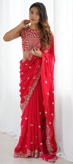 Red and Maroon color Saree in Chiffon fabric with Embroidered, Sequence, Thread work