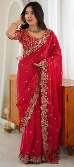Red and Maroon color Saree in Tissue fabric with Embroidered, Sequence, Thread work