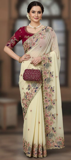 White and Off White color Saree in Georgette fabric with Embroidered work