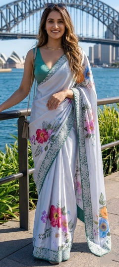 Multicolor color Saree in Satin Silk fabric with Border, Digital Print, Embroidered work