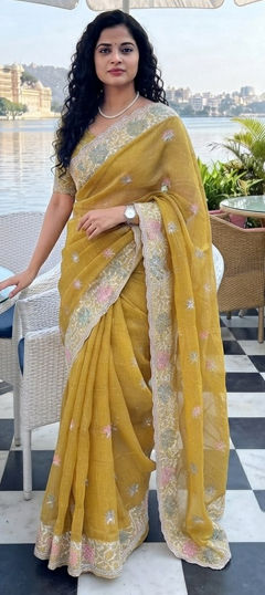 Yellow color Saree in Chiffon fabric with Embroidered, Swarovski work