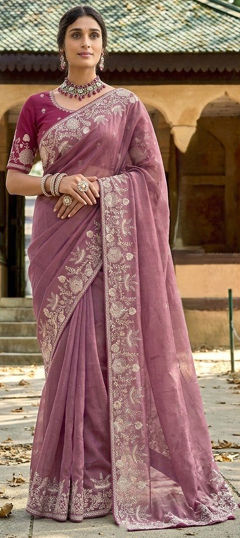 Purple and Violet color Saree in Silk fabric with Aari, Border, Embroidered work