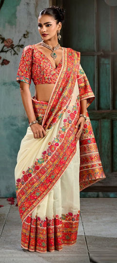 White and Off White color Saree in Pashmina fabric with Weaving work