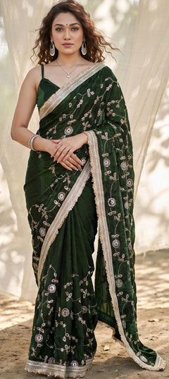 Green color Saree in Satin Silk fabric with Embroidered, Lace, Sequence work