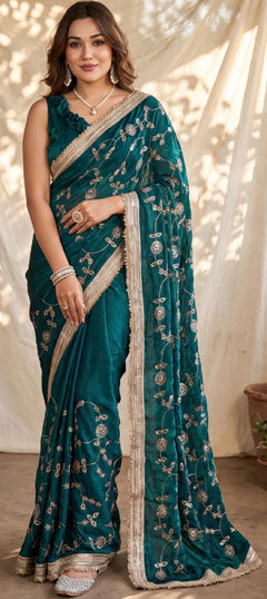 Green color Saree in Satin Silk fabric with Embroidered, Lace, Sequence work