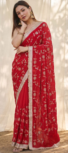 Red and Maroon color Saree in Satin Silk fabric with Embroidered, Lace, Sequence work