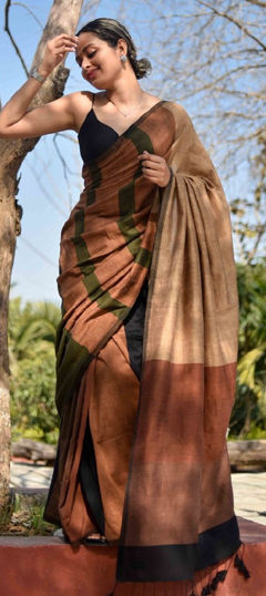 Beige and Brown, Black and Grey color Saree in Cotton Flex fabric with Printed work