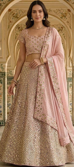 Pink and Majenta color Lehenga in Faux Georgette fabric with Embroidered, Sequence, Zari work