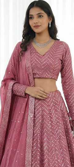 Pink and Majenta color Lehenga in Faux Georgette fabric with Embroidered, Sequence, Thread work
