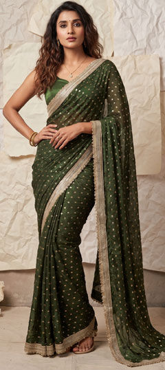 Green color Saree in Satin Silk fabric with Foil Print work