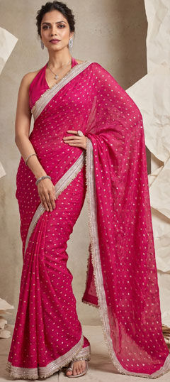 Pink and Majenta color Saree in Satin Silk fabric with Foil Print work