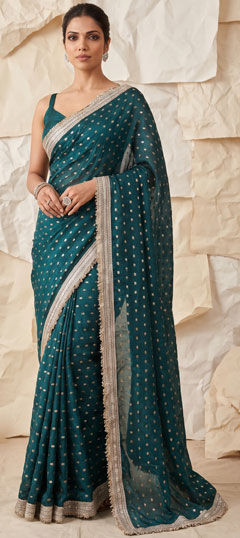 Green color Saree in Satin Silk fabric with Foil Print work