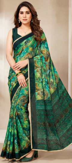 Green color Saree in Georgette fabric with Floral, Lace, Printed work