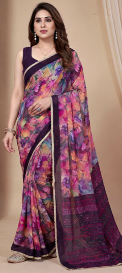 Pink and Majenta color Saree in Georgette fabric with Floral, Lace, Printed work