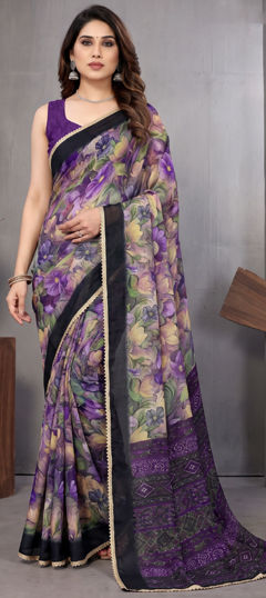 Purple and Violet color Saree in Georgette fabric with Floral, Lace, Printed work