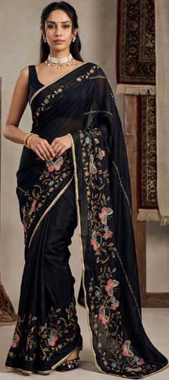 Black and Grey color Saree in Georgette fabric with Embroidered, Lace work