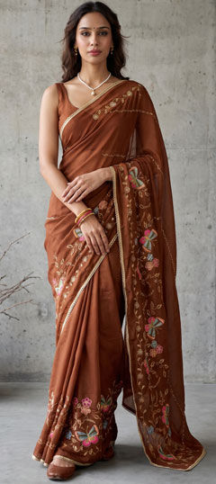 Beige and Brown color Saree in Georgette fabric with Embroidered, Lace work