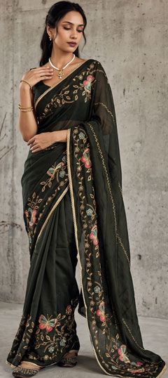 Green color Saree in Georgette fabric with Embroidered, Lace work