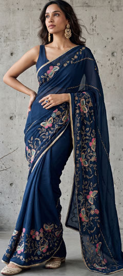 Blue color Saree in Georgette fabric with Embroidered, Lace work