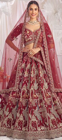 Red and Maroon color Lehenga in Silk fabric with Bugle Beads, Cut Dana, Sequence, Thread work