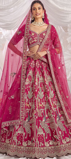 Pink and Majenta color Lehenga in Silk fabric with Bugle Beads, Cut Dana, Sequence, Thread work