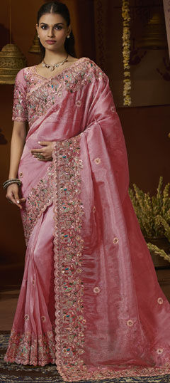 Pink and Majenta color Saree in Tissue fabric with Sequence, Thread, Zari work