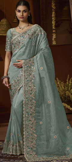 Green color Saree in Tissue fabric with Sequence, Thread, Zari work