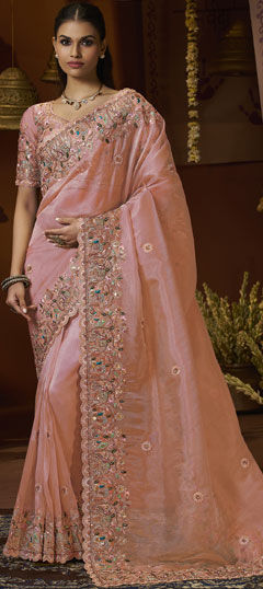 Pink and Majenta color Saree in Tissue fabric with Sequence, Thread, Zari work