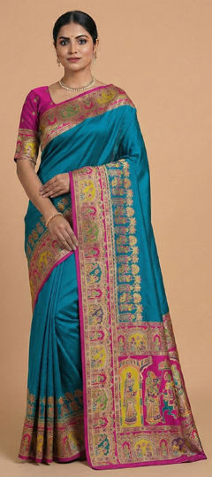 Blue, Pink and Majenta color Saree in Pashmina fabric with Weaving work