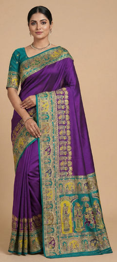 Purple and Violet color Saree in Pashmina fabric with Weaving work