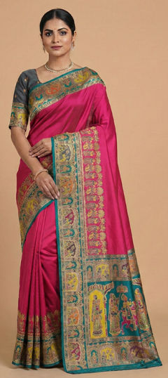 Pink and Majenta color Saree in Pashmina fabric with Weaving work