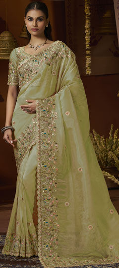 Green color Saree in Tissue fabric with Sequence, Thread, Zari work