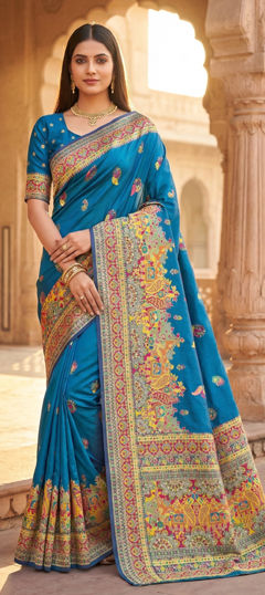 Blue color Saree in Pashmina fabric with Weaving work