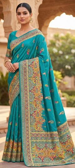 Blue color Saree in Pashmina fabric with Weaving work
