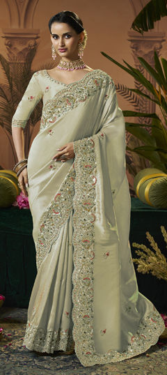 Green color Saree in Silk fabric with Sequence, Thread, Zari work