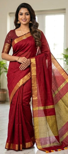 Red and Maroon color Saree in Cotton fabric with Weaving work