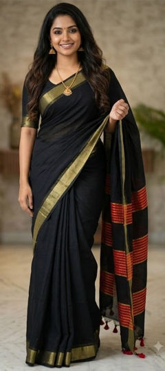 Black and Grey color Saree in Cotton fabric with Weaving work