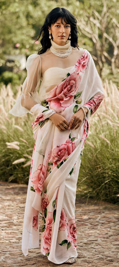 Beige and Brown, Pink and Majenta color Saree in Georgette fabric with Printed work