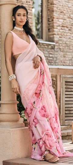 Pink and Majenta color Saree in Georgette fabric with Printed work