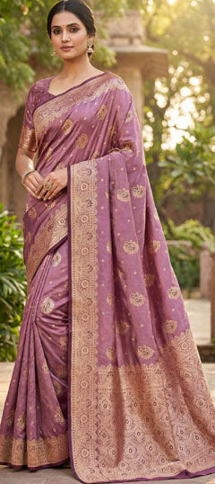Pink and Majenta color Saree in Satin fabric with Weaving work