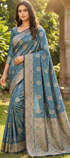 Blue color Saree in Satin fabric with Weaving work