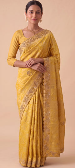 Yellow color Saree in Banarasi Silk fabric with Embroidered, Sequence work