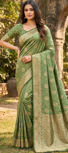 Green color Saree in Satin fabric with Weaving work