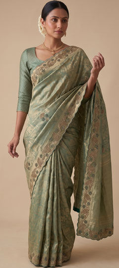 Green color Saree in Banarasi Silk fabric with Embroidered, Sequence work