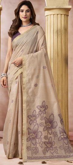 Beige and Brown color Saree in Linen fabric with Printed work