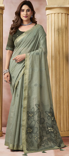 Green color Saree in Linen fabric with Printed work